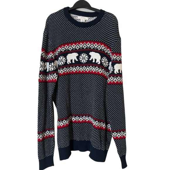 Aspen Navy Blue Fair Isle Nordic Polar Bear Print Sweater Mens Sz L Holiday - Picture 1 of 8